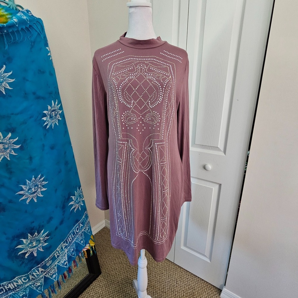 Luv NYC Womens XL Rhinestone Tunic Dress Mauve Long Sleeve Mock Neck Embellished